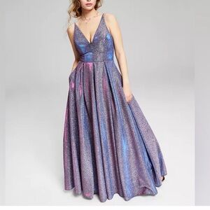 Glitter V-Neck Ball Gown Dress in Iridescent Purple